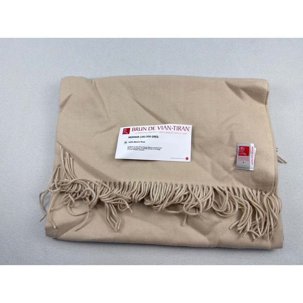Brun de Vian-Tiran 100% Merino Wool Blanket Throw Beige Made in France 130x200cm